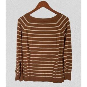 Lafayette 148 Brown & Cream Striped Long-Sleeve Sweater With Side Slits